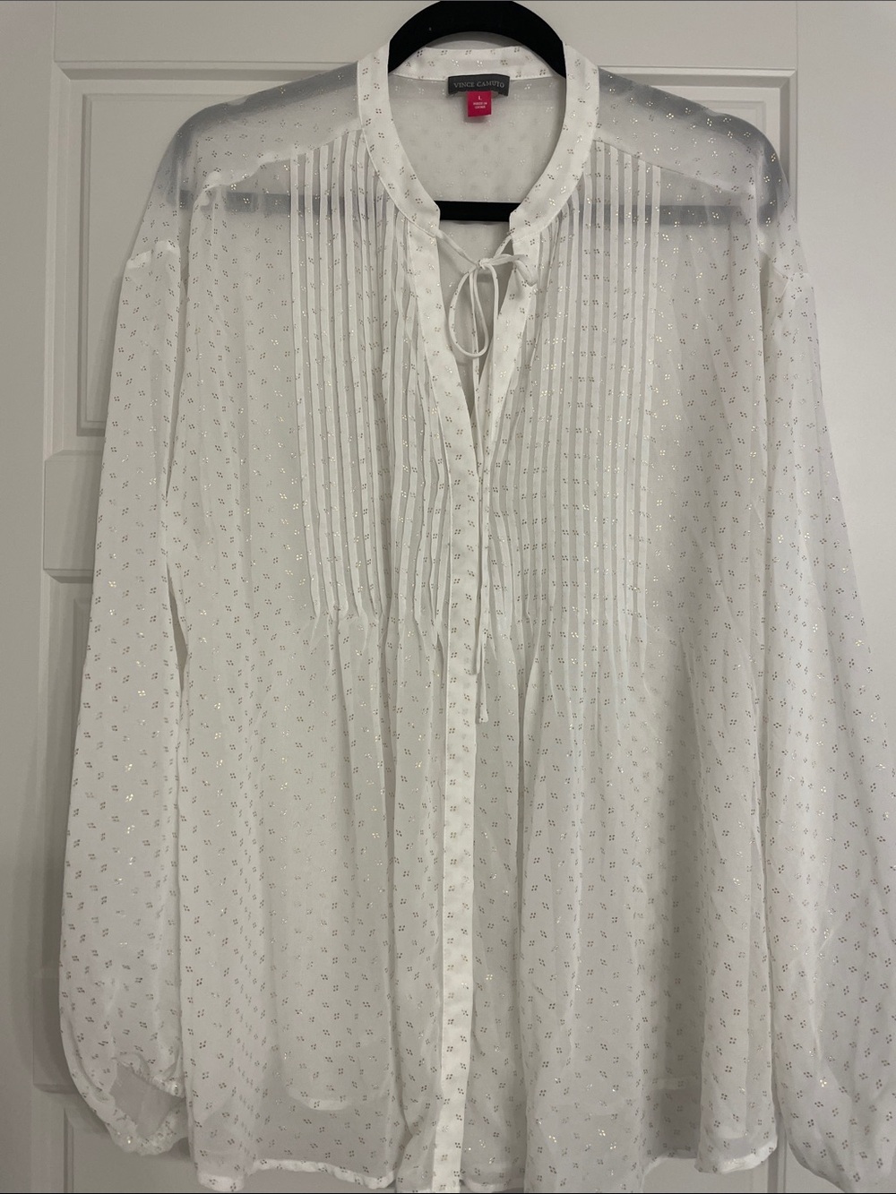 Vince Camuto White Metallic Dot Pintuck Tie-Neck Blouse